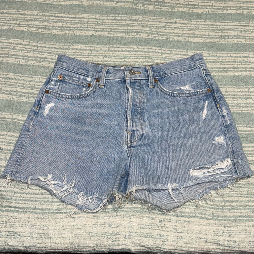 Agolde Light Blue Distressed Denim Jean Shorts